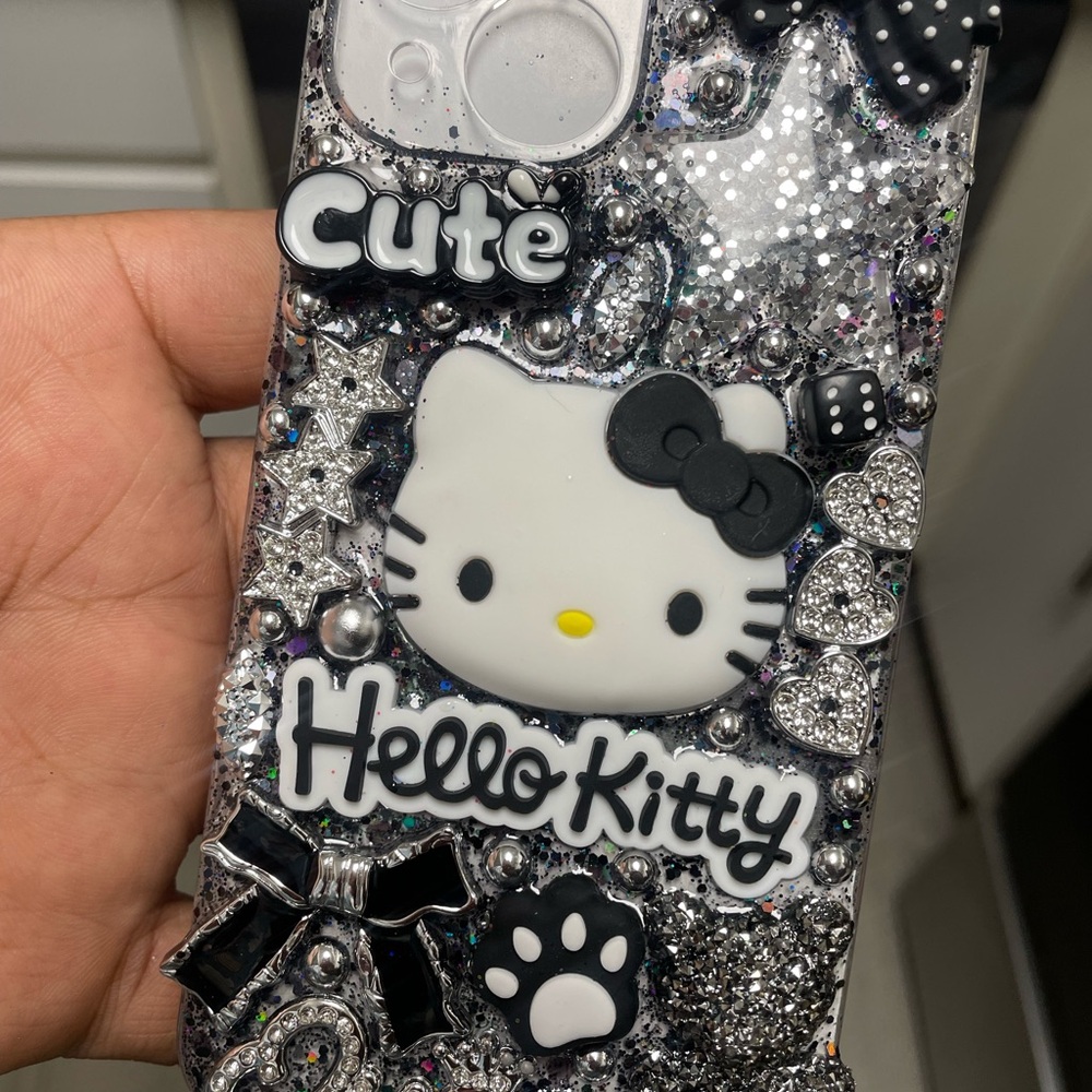 Hello Kitty Black & White Glitter Decorative Phone Case